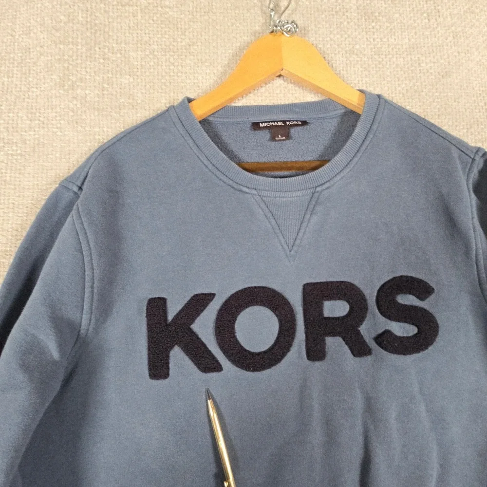 Michael Kors‎ Womens Blue Chenille Logo Crewneck Sweatshirt Size Large